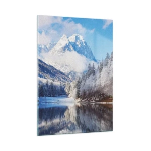 Quadro su vetro - Paesaggio invernale con montagne e un lago ghiacciato - 50x70cm - Il custode innevato - Decorazione murale moderna per soggiorno e camera da letto ARTTOR