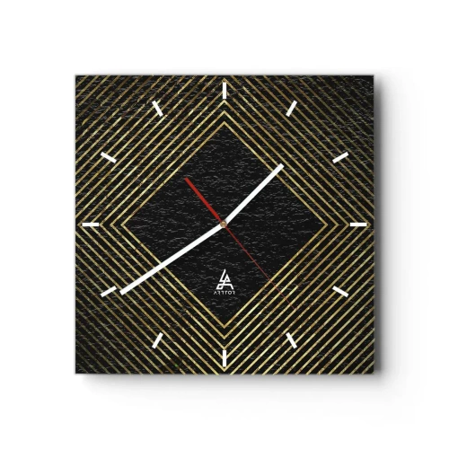 Orologio da parete - Orologio in Vetro - Sfondo nero con motivo geometrico di linee dorate - 30x30cm - Geometria in stile glamour - Decorazione murale moderna per soggiorno e camera da letto ARTTOR