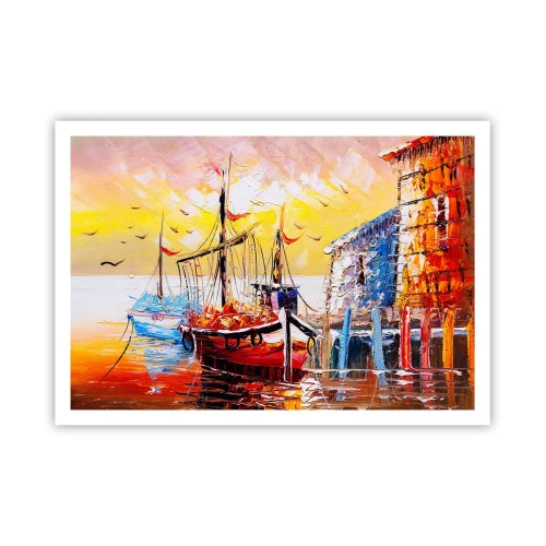 Poster - Pittoresco porto al tramonto con barche da pesca - 100x70cm - Ritorno felice - Decorazione murale moderna per soggiorno e camera da letto ARTTOR