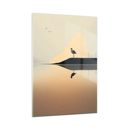 Quadro su vetro - Un airone in piedi su un'isola nelle acque calme di un lago - 50x70cm - Il signore del lago - Decorazione murale moderna per soggiorno e camera da letto ARTTOR