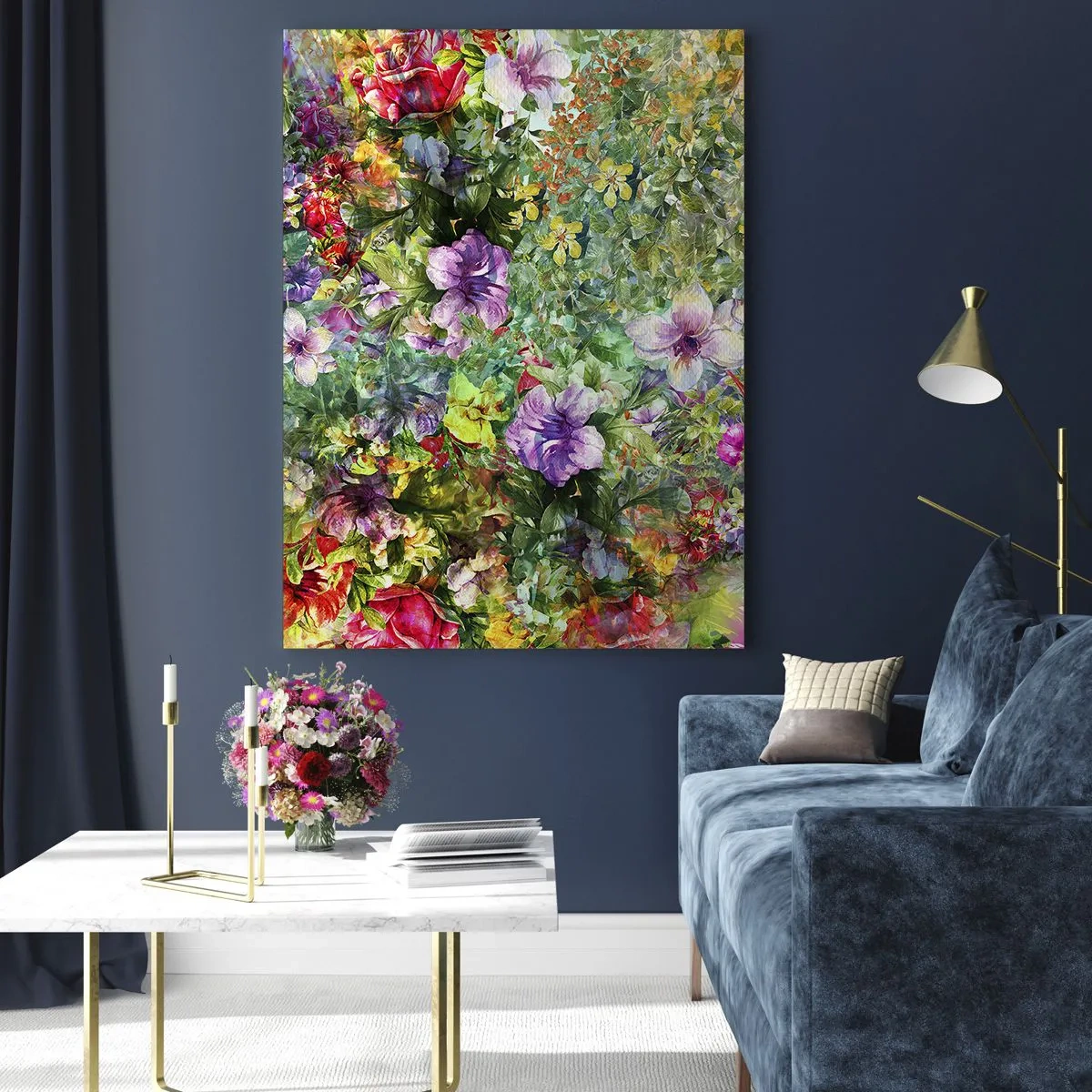 Quadro su vetro - Una composizione floreale colorata su uno sfondo verde - 70x100cm - Perdersi nei fiori - Decorazione murale moderna per soggiorno e camera da letto ARTTOR