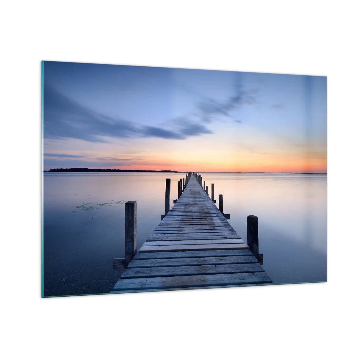 Quadro su vetro - Un molo di legno su un lago calmo al tramonto - 100x70cm - La calma di un dolce tramonto - Decorazione murale moderna per soggiorno e camera da letto ARTTOR