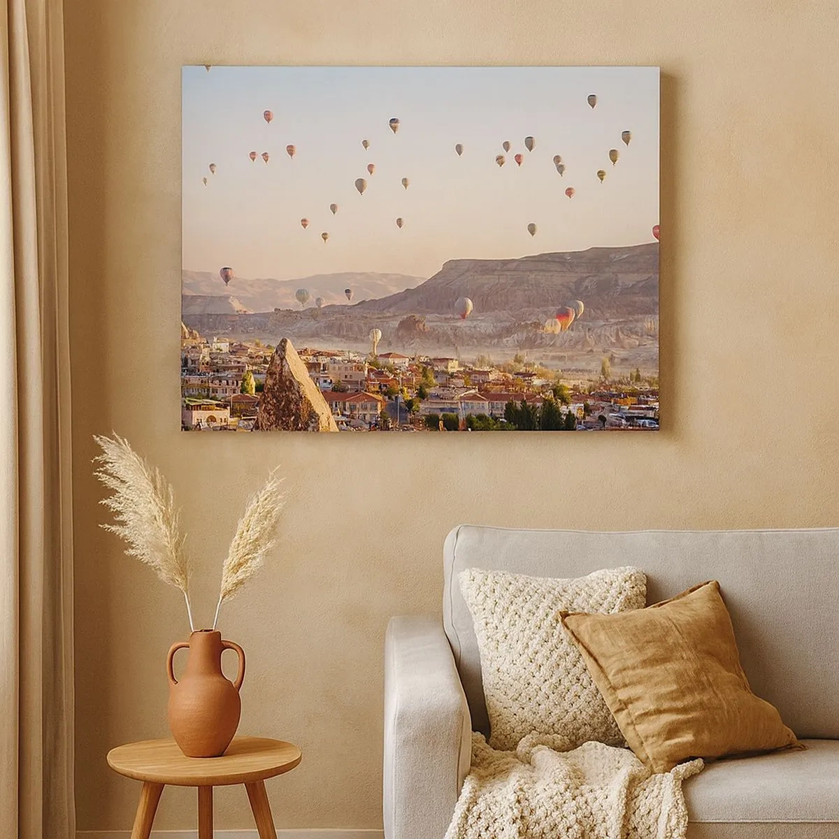 Quadro su tela - Stampe su Tela - Cappadocia con mongolfiere sullo sfondo di pittoresche colline - 70x50cm - Come navi nel cielo - Decorazione murale moderna per soggiorno e camera da letto ARTTOR
