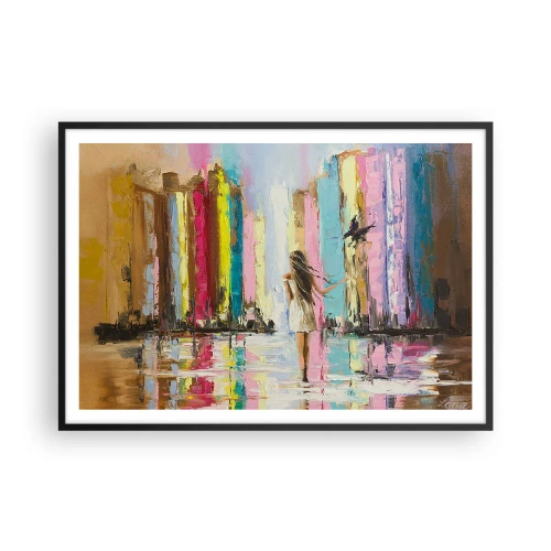 Poster in cornice nera - Una città colorata e una donna in abito bianco con un uccello - 100x70cm - Seguimi - Decorazione murale moderna per soggiorno e camera da letto ARTTOR