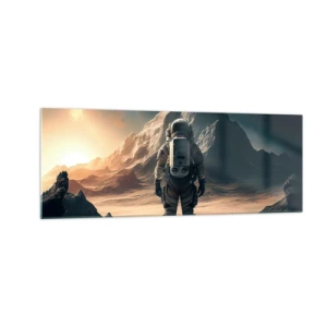 Quadro su vetro - Astronauta sullo sfondo di maestose montagne - 140x50cm - Nuova sfida - Decorazione murale moderna per soggiorno e camera da letto ARTTOR