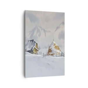 Quadro su tela - Stampe su Tela - Paesaggio invernale con una casetta e pagliai in montagna - 80x120cm - Nella valle innevata - Decorazione murale moderna per soggiorno e camera da letto ARTTOR