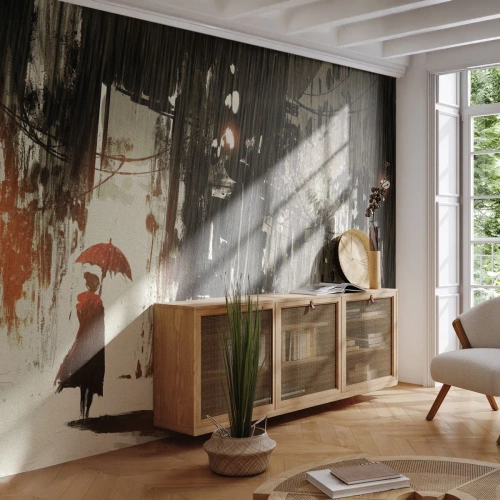 Fotomurali Premium Sand - La poesia dell'ombrello rosso - Città, Donna, Architettura - 500x350 cm