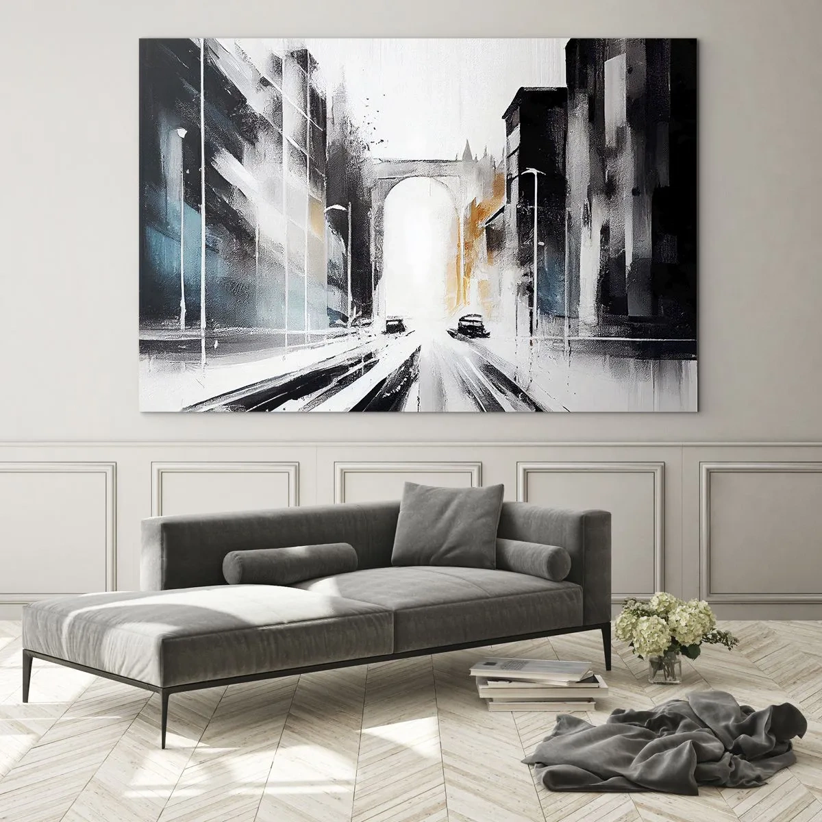 Quadro su vetro - Una strada cittadina dinamica con auto e un arco sullo sfondo, in stile pittorico. - 70x50cm - Studio di città: architettura e movimento - Decorazione murale moderna per soggiorno e camera da letto ARTTOR