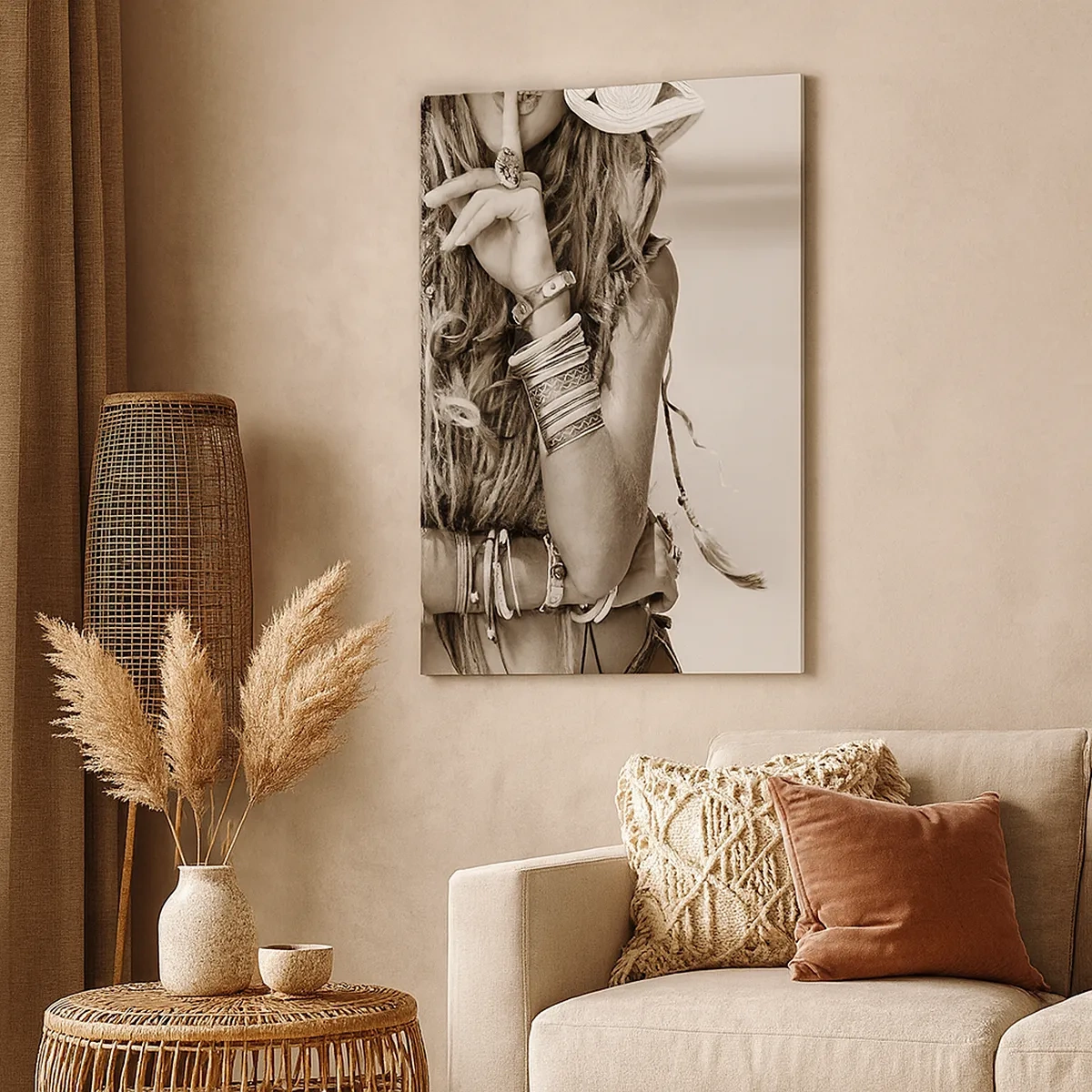 Quadro su tela - Stampe su Tela - Ritratto di una donna boho con gioielli - 50x70cm - Come una ragazza - Decorazione murale moderna per soggiorno e camera da letto ARTTOR