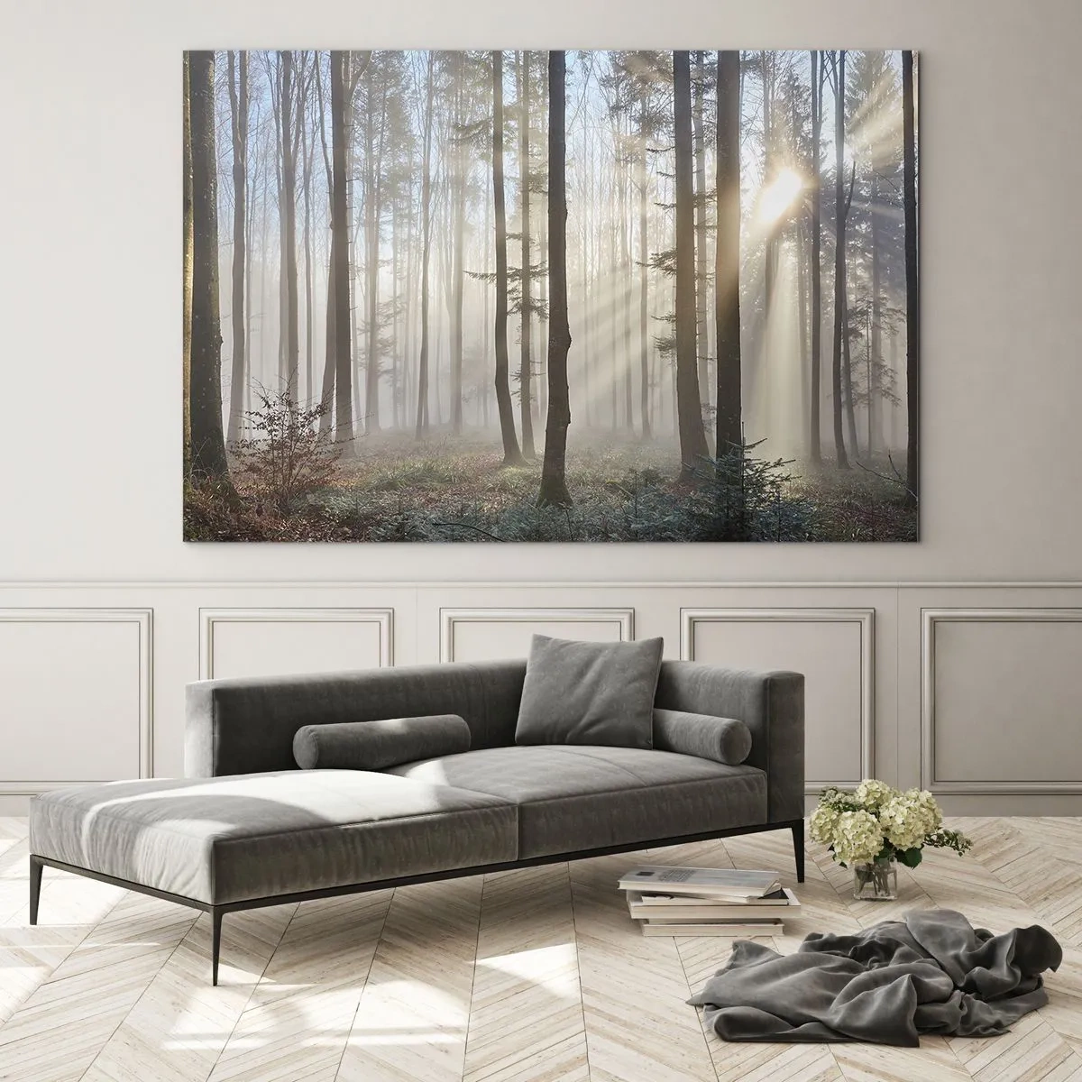 Quadro su vetro - I raggi del sole mattutino penetrano nella foresta nebbiosa - 70x50cm - Anche la nebbia si è svegliata - Decorazione murale moderna per soggiorno e camera da letto ARTTOR