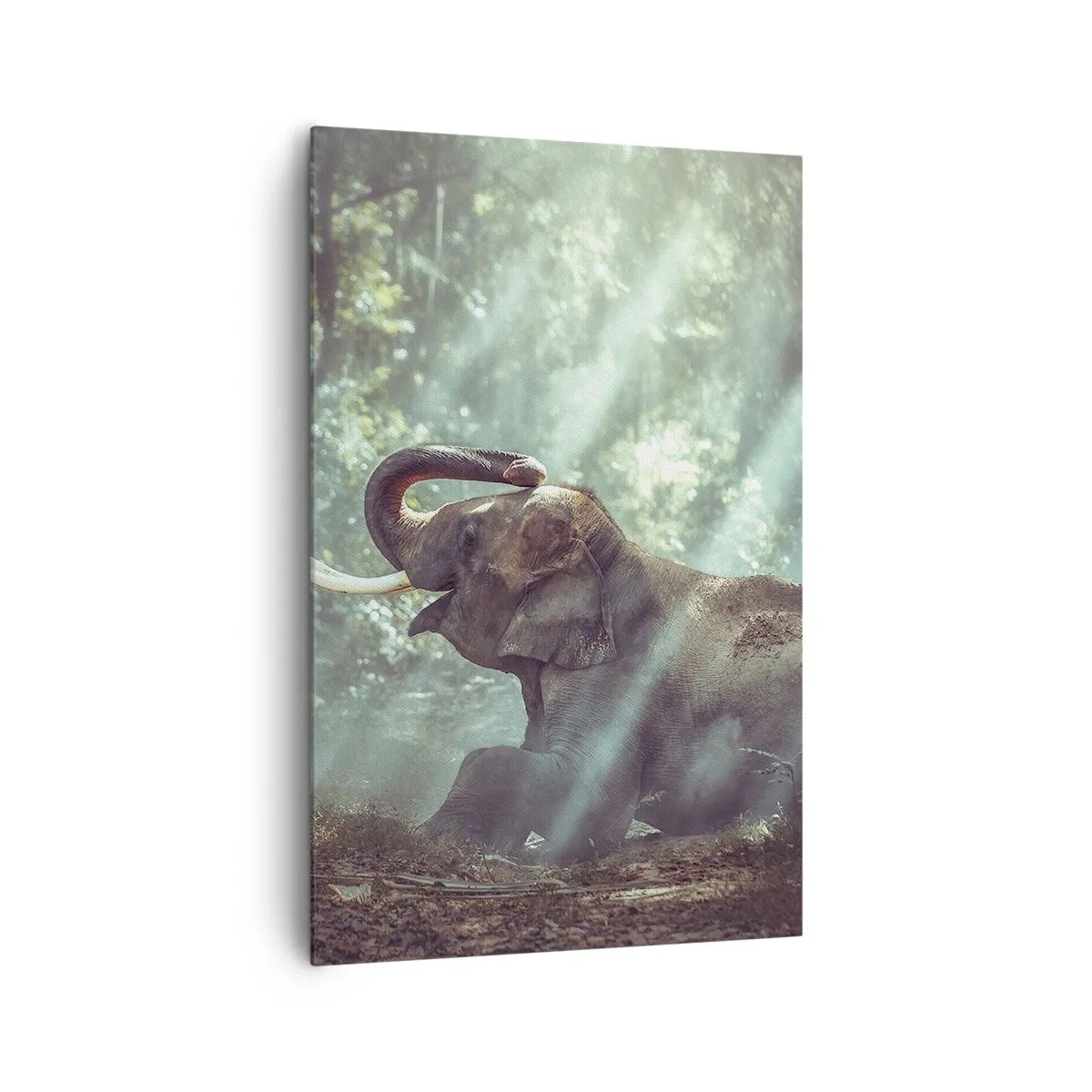 Quadro su tela - Stampe su Tela - Un ragazzo e un elefante in una foresta illuminata dalla luce del sole - 80x120cm - Ascoltalo… - Decorazione murale moderna per soggiorno e camera da letto ARTTOR
