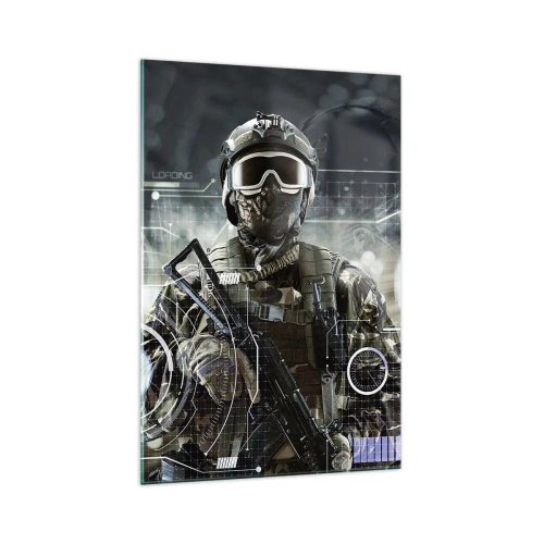 Quadro su vetro - Un soldato con un casco futuristico e una pistola sullo sfondo della tecnologia. - 70x100cm - Potenza al quadrato - Decorazione murale moderna per soggiorno e camera da letto ARTTOR