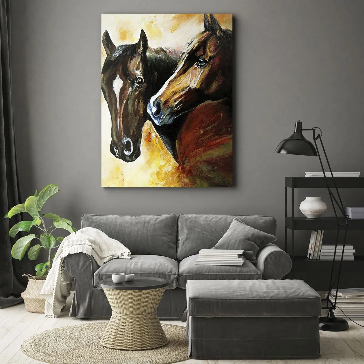 Quadro su tela - Stampe su Tela - Una coppia di cavalli in una composizione pittorica - 50x70cm - Due volte più grazia - Decorazione murale moderna per soggiorno e camera da letto ARTTOR