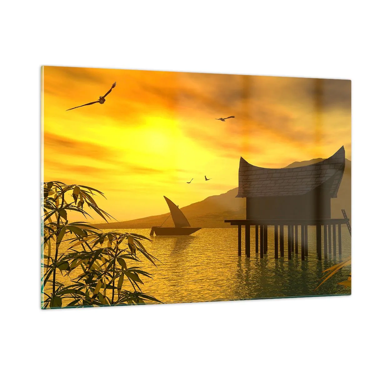 Quadro su vetro - Tramonto sul lago con una casa su palafitte - 120x80cm - Calma desiderata - Decorazione murale moderna per soggiorno e camera da letto ARTTOR
