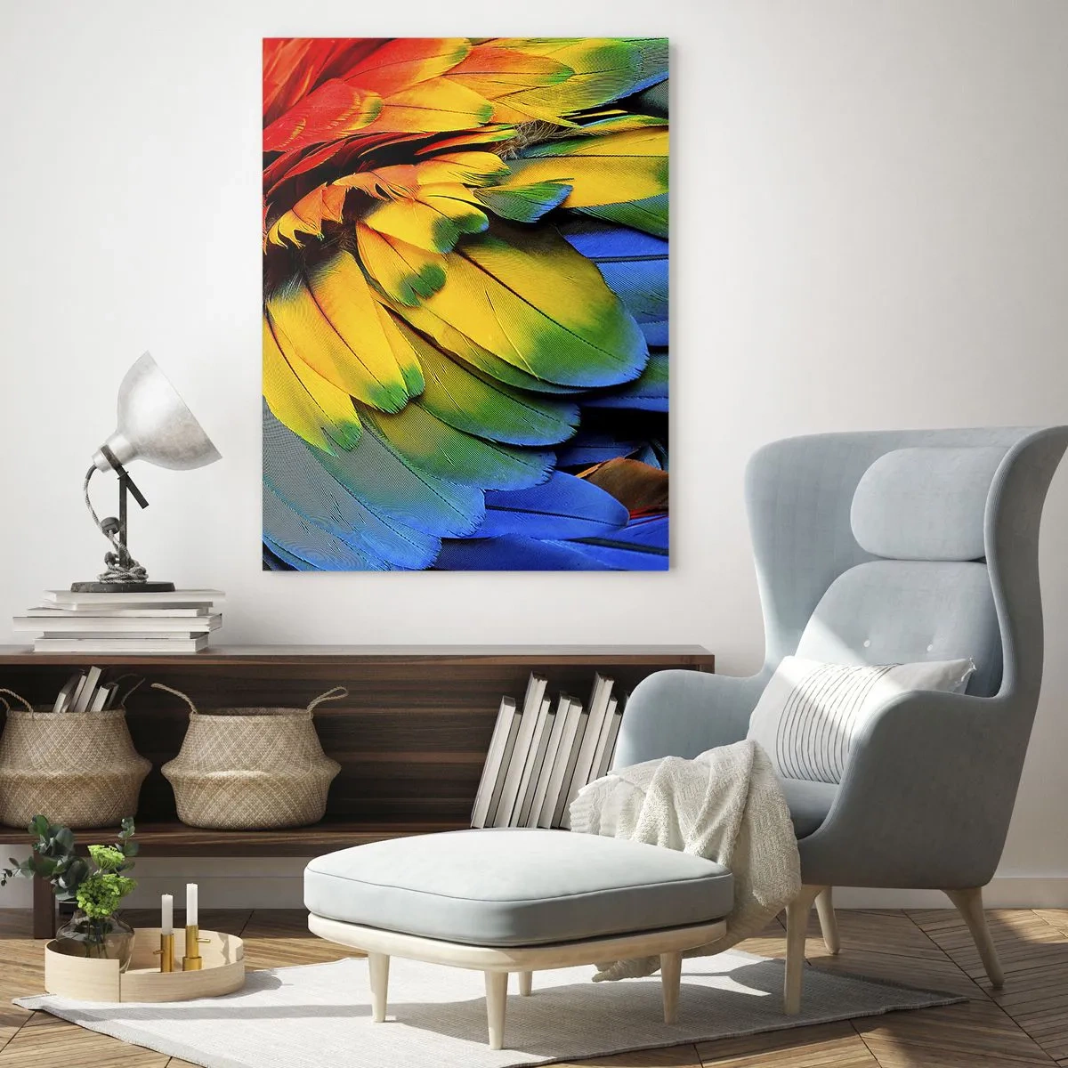 Quadro su vetro - Piume di pappagallo colorate in intensi colori arcobaleno - 50x70cm - L'uccello del paradiso - Decorazione murale moderna per soggiorno e camera da letto ARTTOR