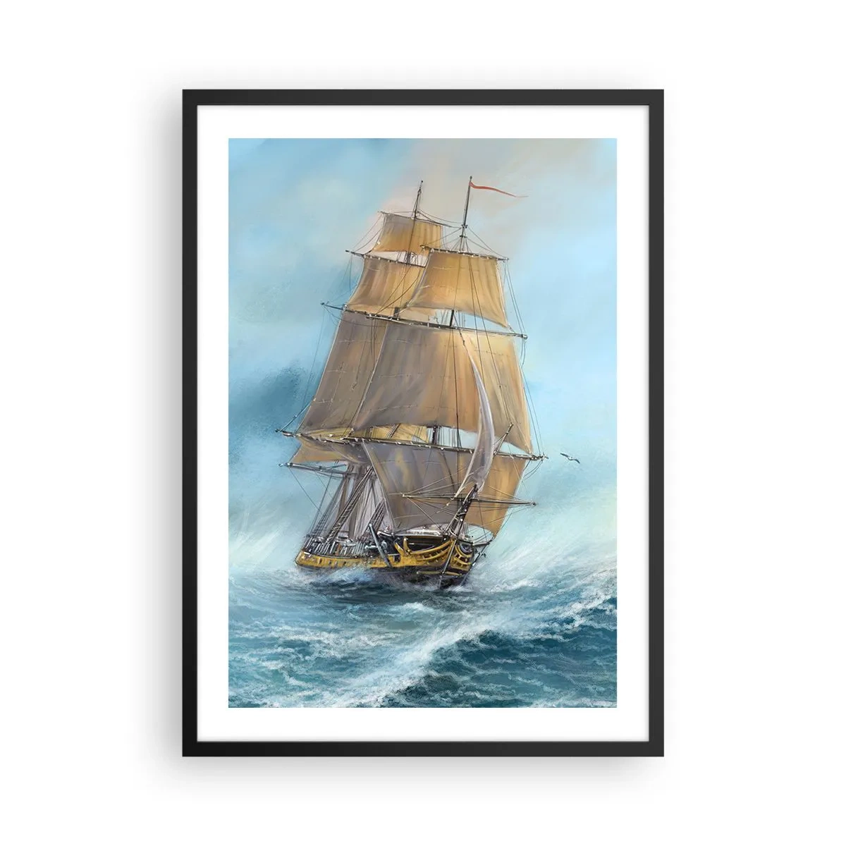 Poster in cornice nera - Una nave a vela che naviga in un mare in tempesta in uno stile realistico - 50x70cm - Frangendo i flutti - Decorazione murale moderna per soggiorno e camera da letto ARTTOR