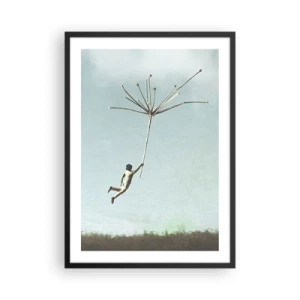 Poster in cornice nera - Una figura che fluttua su uno stelo di tarassaco contro il cielo - 50x70cm - Aquiloni, denti di leone, vento - Decorazione murale moderna per soggiorno e camera da letto ARTTOR