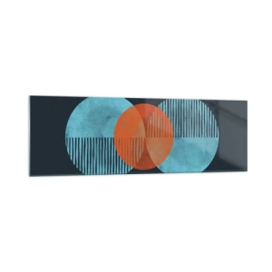 Quadro su vetro - Cerchi geometrici nei toni del blu e dell'arancione - 160x50cm - Composizione simmetrica - Decorazione murale moderna per soggiorno e camera da letto ARTTOR