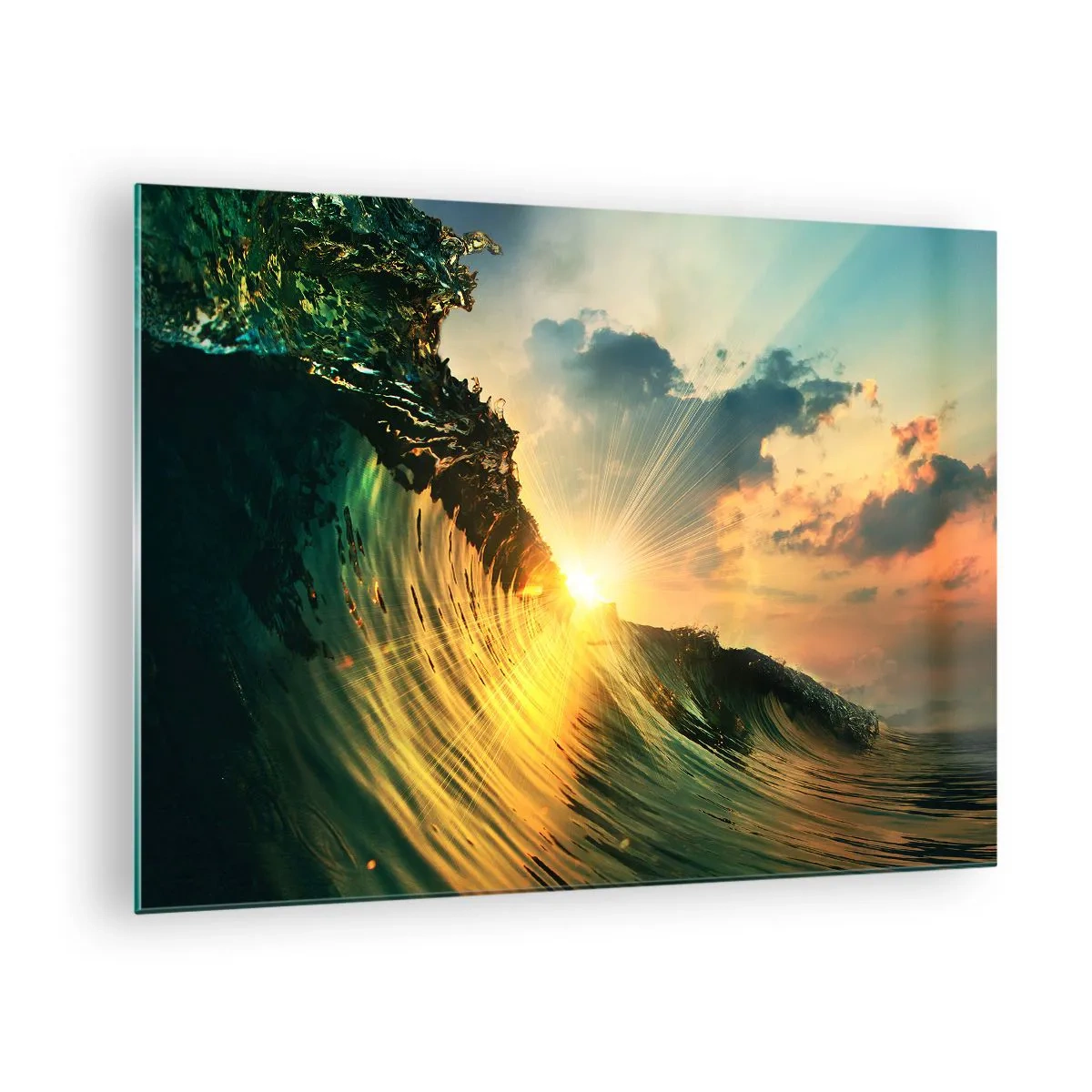 Quadro su vetro - Il sole al tramonto illumina le onde dell'oceano - 70x50cm - Surfista, dove sei? - Decorazione murale moderna per soggiorno e camera da letto ARTTOR
