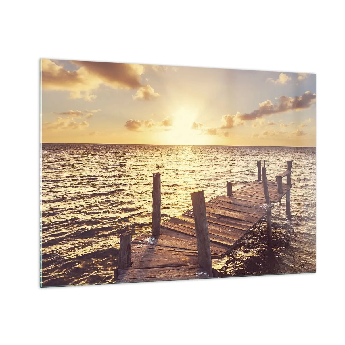Quadro su vetro - Un molo di legno sullo sfondo del sole al tramonto - 100x70cm - Il paese dorato della mitezza - Decorazione murale moderna per soggiorno e camera da letto ARTTOR