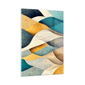 Quadro su vetro - Forme astratte nelle tonalità del giallo e del blu - 50x70cm - Ritmo e ondulazioni - Decorazione murale moderna per soggiorno e camera da letto ARTTOR