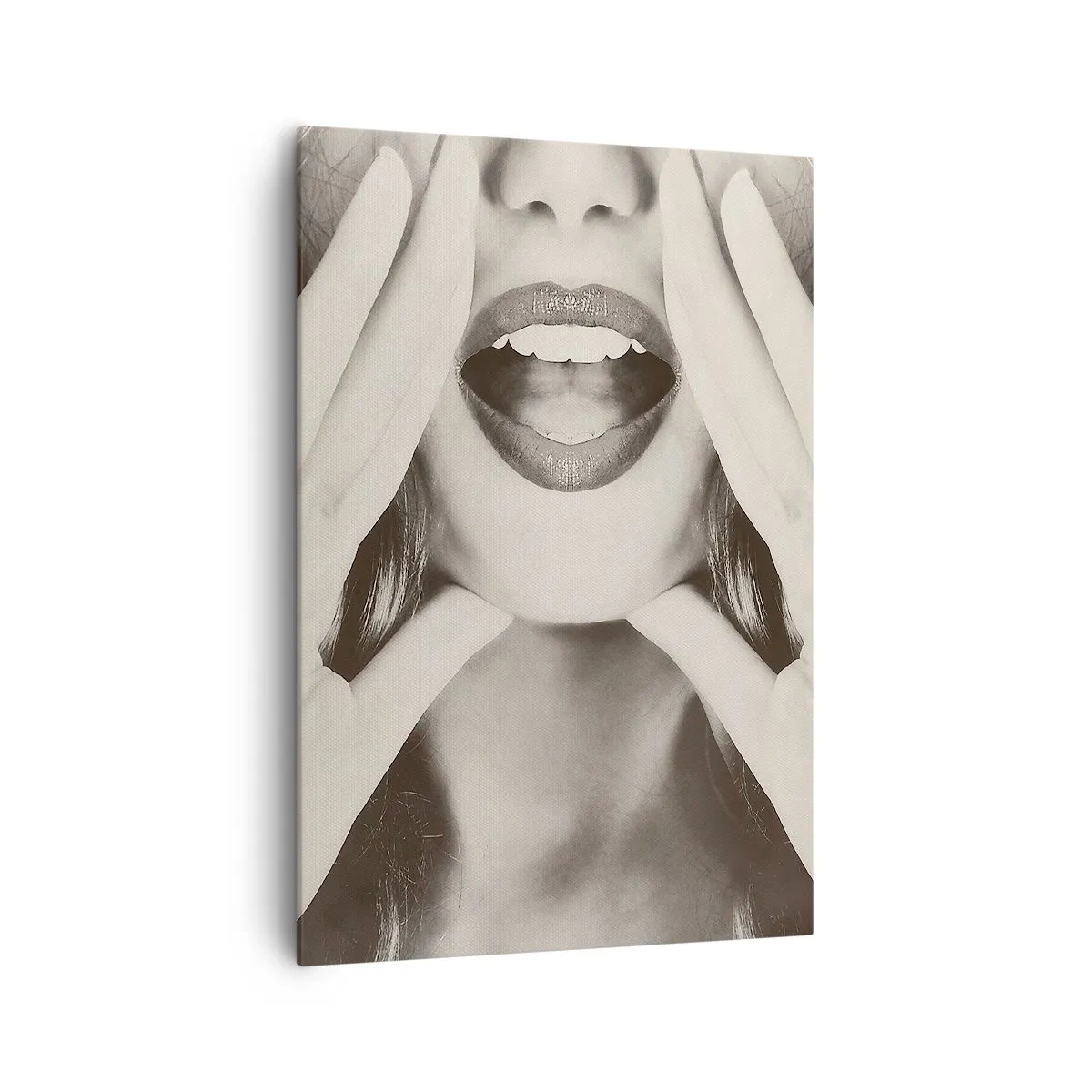 Quadro su tela - Stampe su Tela - Ritratto in bianco e nero di una donna con labbra e mani espressive - 70x100cm - Arrivo! - Decorazione murale moderna per soggiorno e camera da letto ARTTOR