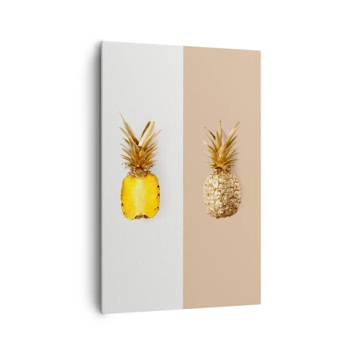 Quadro su tela - Stampe su Tela - Metà di un ananas fresco e dorato su uno sfondo contrastante - 80x120cm - Ananas per due - Decorazione murale moderna per soggiorno e camera da letto ARTTOR