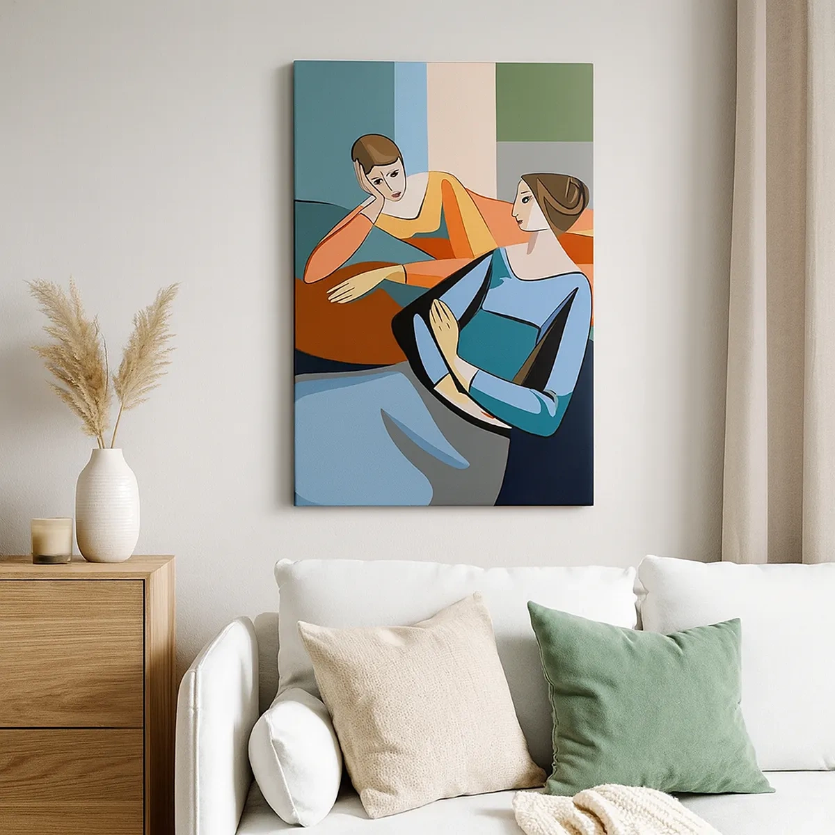 Quadro su tela - Stampe su Tela - Illustrazione astratta di due donne in stile cubista - 50x70cm - Il momento delle confidenze - Decorazione murale moderna per soggiorno e camera da letto ARTTOR