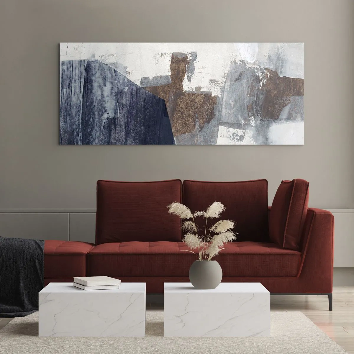 Quadro su vetro - Forme astratte nelle tonalità del blu e del marrone - 160x50cm - Forme blu e marroni - Decorazione murale moderna per soggiorno e camera da letto ARTTOR