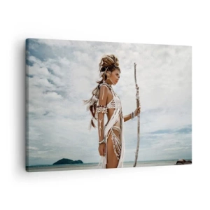 Quadro su tela - Stampe su Tela - Donna stilizzata sulla spiaggia con ornamenti etnici e un bastone - 70x50cm - La regina dei tropici - Decorazione murale moderna per soggiorno e camera da letto ARTTOR
