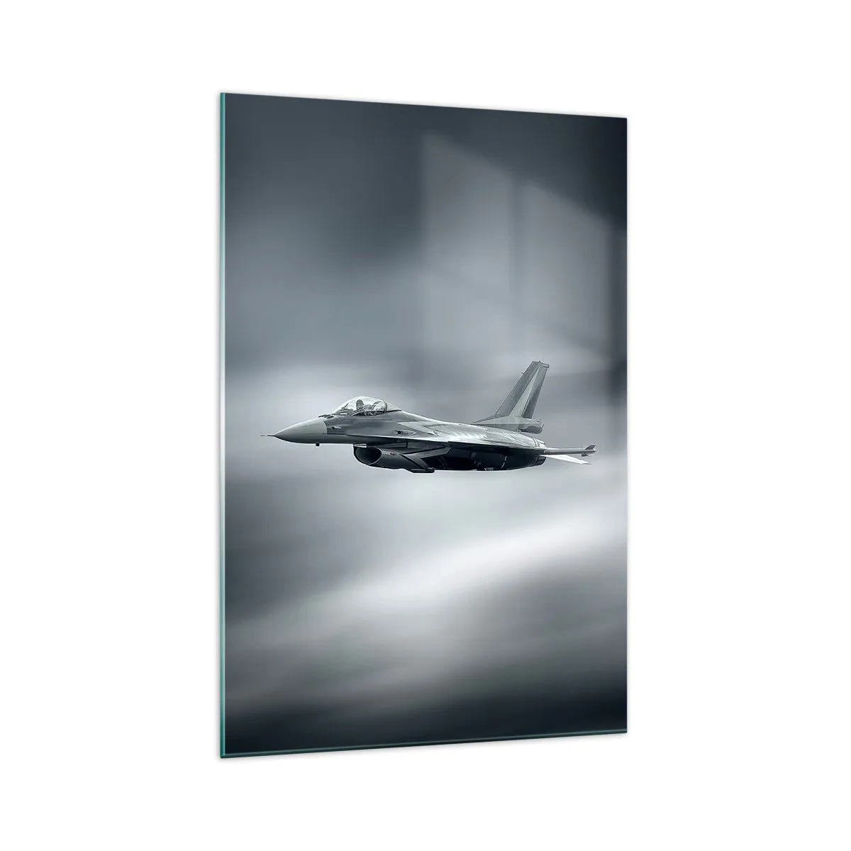 Quadro su vetro - Un aereo da caccia in volo contro un cielo nuvoloso - 70x100cm - Lanci la sfida? - Decorazione murale moderna per soggiorno e camera da letto ARTTOR