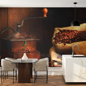 Fotomurali Autoadesivo Deluxe Sticker - Natura morta con chicchi di caffè e macinino - Gastronomia, Caffè, Macinacaffè - 100x70 cm