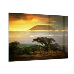 Quadro su vetro - Il monte Kilimanjaro circondato dalle nuvole sullo sfondo della savana africana - 100x70cm - Il sogno del viaggiatore - Decorazione murale moderna per soggiorno e camera da letto ARTTOR