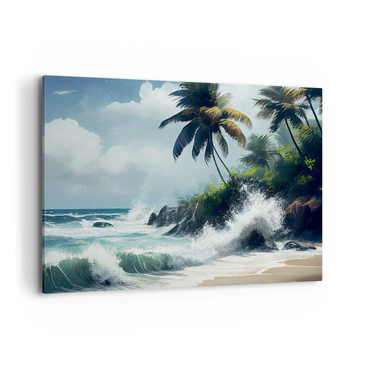 Quadro su tela - Stampe su Tela - Costa tropicale con palme e mare agitato - 120x80cm - Sulla riva tropicale - Decorazione murale moderna per soggiorno e camera da letto ARTTOR