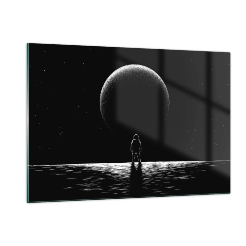 Quadro su vetro - Astronauta in piedi davanti a un pianeta in bianco e nero - 120x80cm - Faccia a faccia - Decorazione murale moderna per soggiorno e camera da letto ARTTOR