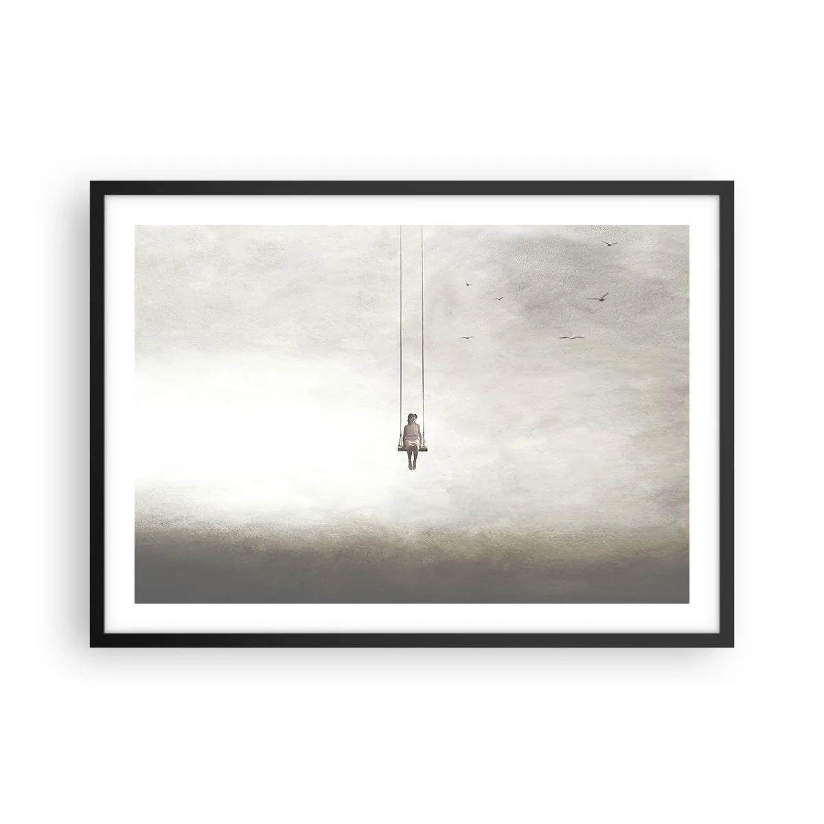 Poster in cornice nera - Una figura su un'altalena sospesa nello spazio - 70x50cm - Il bambino che è in noi - Decorazione murale moderna per soggiorno e camera da letto ARTTOR