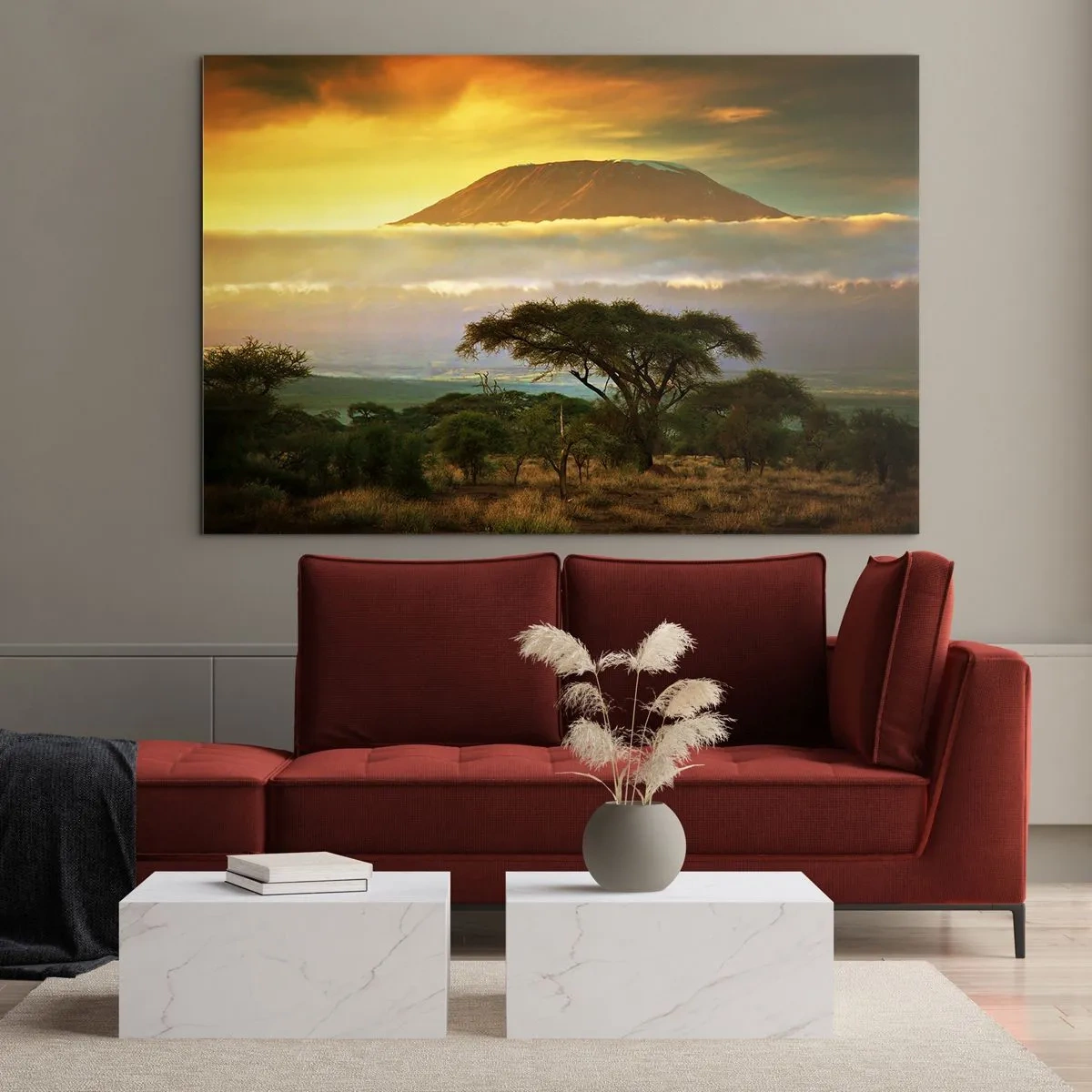 Quadro su vetro - Il monte Kilimanjaro circondato dalle nuvole sullo sfondo della savana africana - 100x70cm - Il sogno del viaggiatore - Decorazione murale moderna per soggiorno e camera da letto ARTTOR