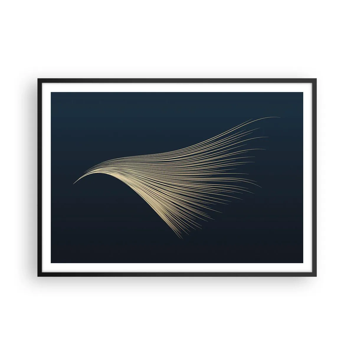Poster in cornice nera - Una delicata linea simile a una piuma su uno sfondo blu navy - 100x70cm - Come un capello d'angelo - Decorazione murale moderna per soggiorno e camera da letto ARTTOR