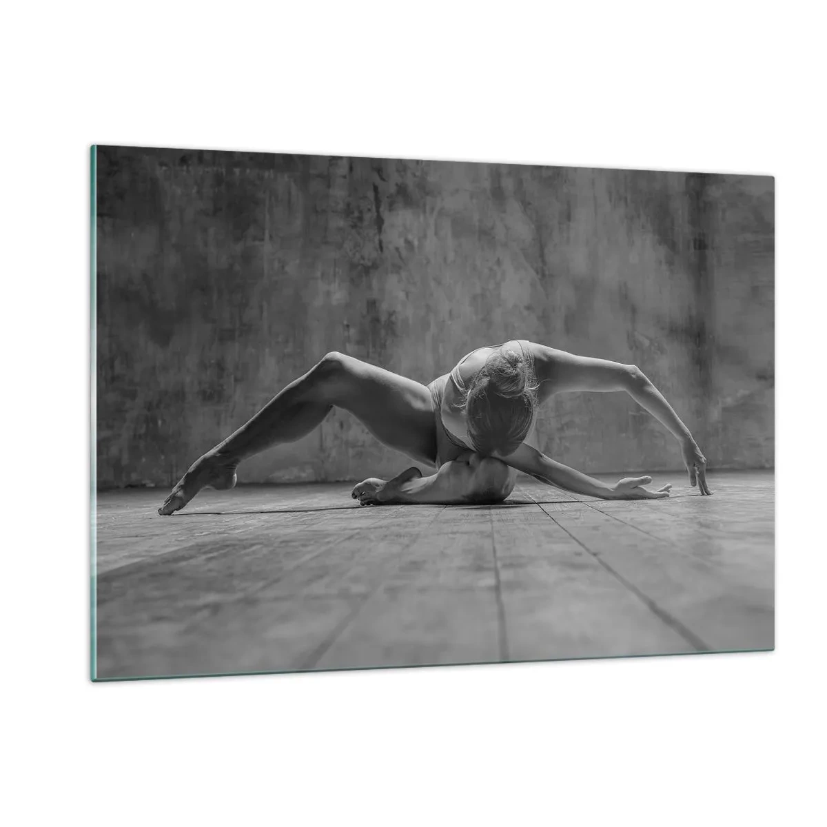 Quadro su vetro - Ballerina in posa sul pavimento - 120x80cm - Simmetria ritrovata - Decorazione murale moderna per soggiorno e camera da letto ARTTOR
