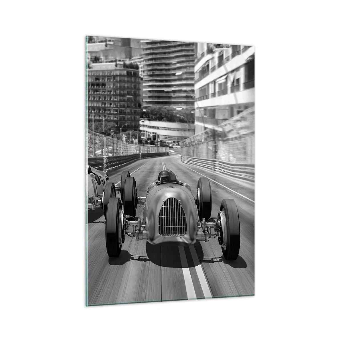 Quadro su vetro - Gara automobilistica storica in bianco e nero - 50x70cm - Tanto tempo fa a Montecarlo - Decorazione murale moderna per soggiorno e camera da letto ARTTOR
