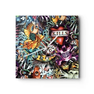 Orologio da parete - Orologio in Vetro - Colorata opera d'arte in stile tatuaggio con teschi e motivi nautici - 30x30cm - Il sogno del tatuatore - Decorazione murale moderna per soggiorno e camera da letto ARTTOR