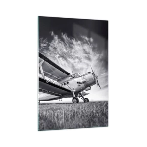 Quadro su vetro - Un aereo contro un cielo drammatico in bianco e nero - 70x100cm - Giramondo alato  - Decorazione murale moderna per soggiorno e camera da letto ARTTOR