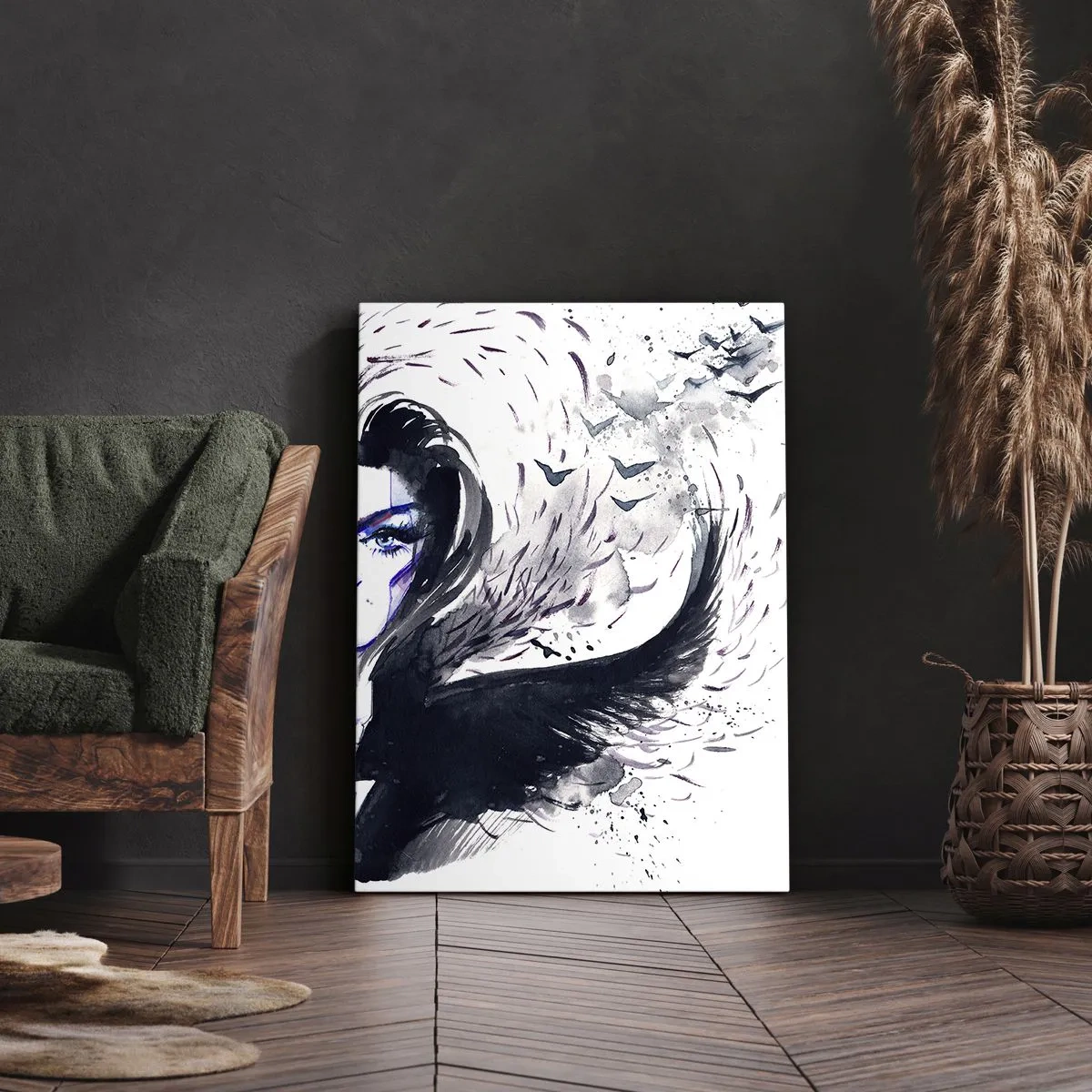 Quadro su tela - Stampe su Tela - Volto astratto con elementi contrastanti e motivo ad ala - 50x70cm - Bella e demoniaca - Decorazione murale moderna per soggiorno e camera da letto ARTTOR