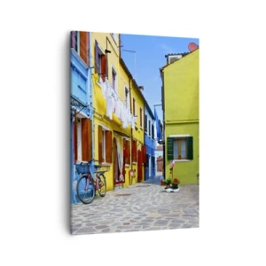 Quadro su tela - Stampe su Tela - Una strada colorata con biciclette tra edifici pastello - 50x70cm - Un dolce angolo color pastello - Decorazione murale moderna per soggiorno e camera da letto ARTTOR