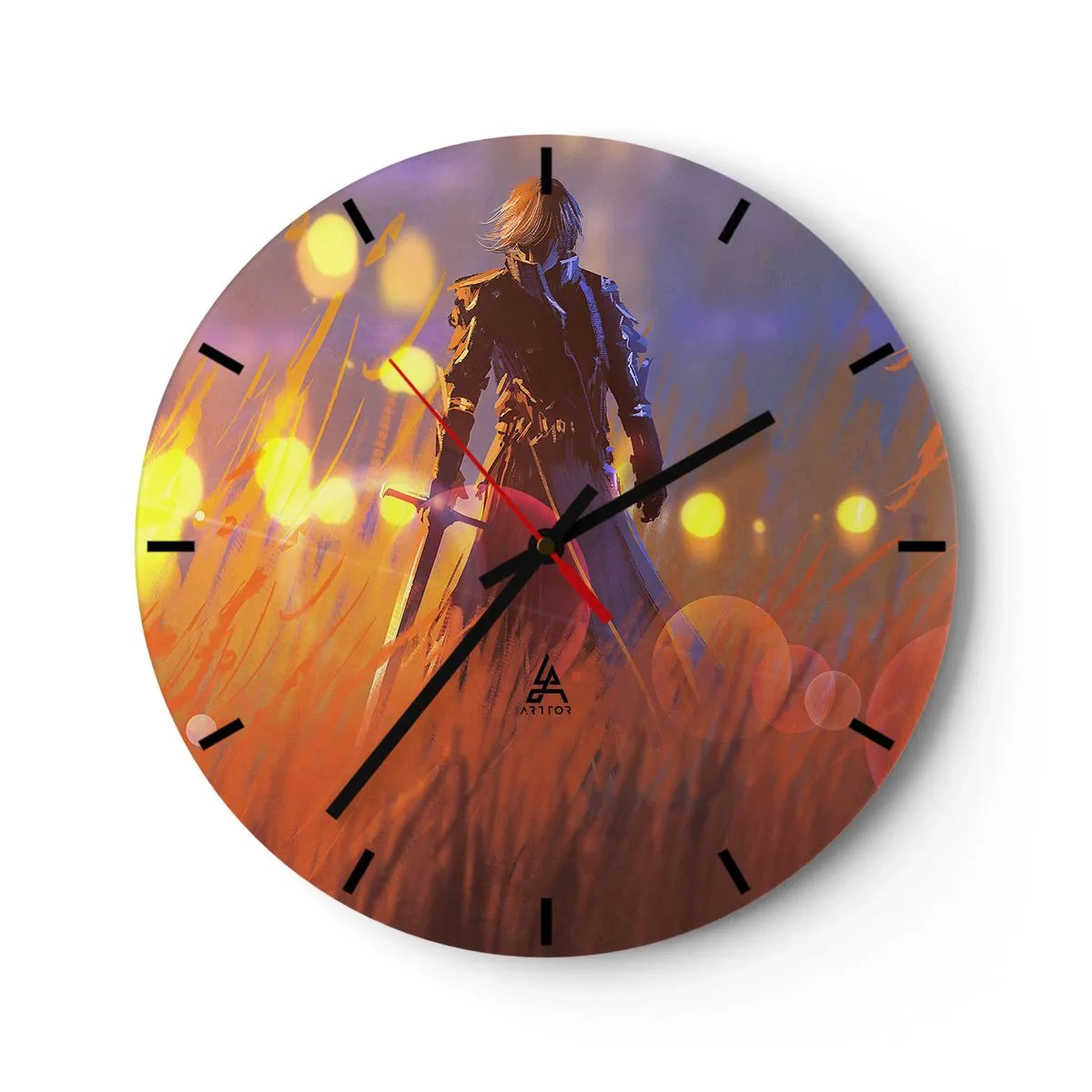 Orologio da parete - Orologio in Vetro - La figura di un cavaliere sullo sfondo di un tramonto luminoso - 30x30cm - Il cavaliere errante - Decorazione murale moderna per soggiorno, cucina e camera da letto ARTTOR