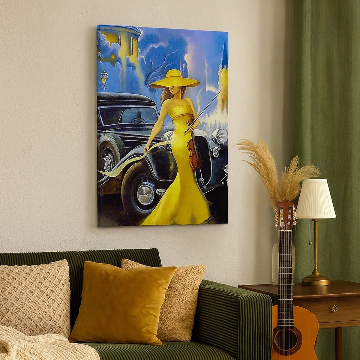 Quadro su tela - Stampe su Tela - Una donna con un vestito giallo e un violino accanto a un'auto d'epoca. - 50x70cm - Notturno per violino e amore - Decorazione murale moderna per soggiorno e camera da letto ARTTOR