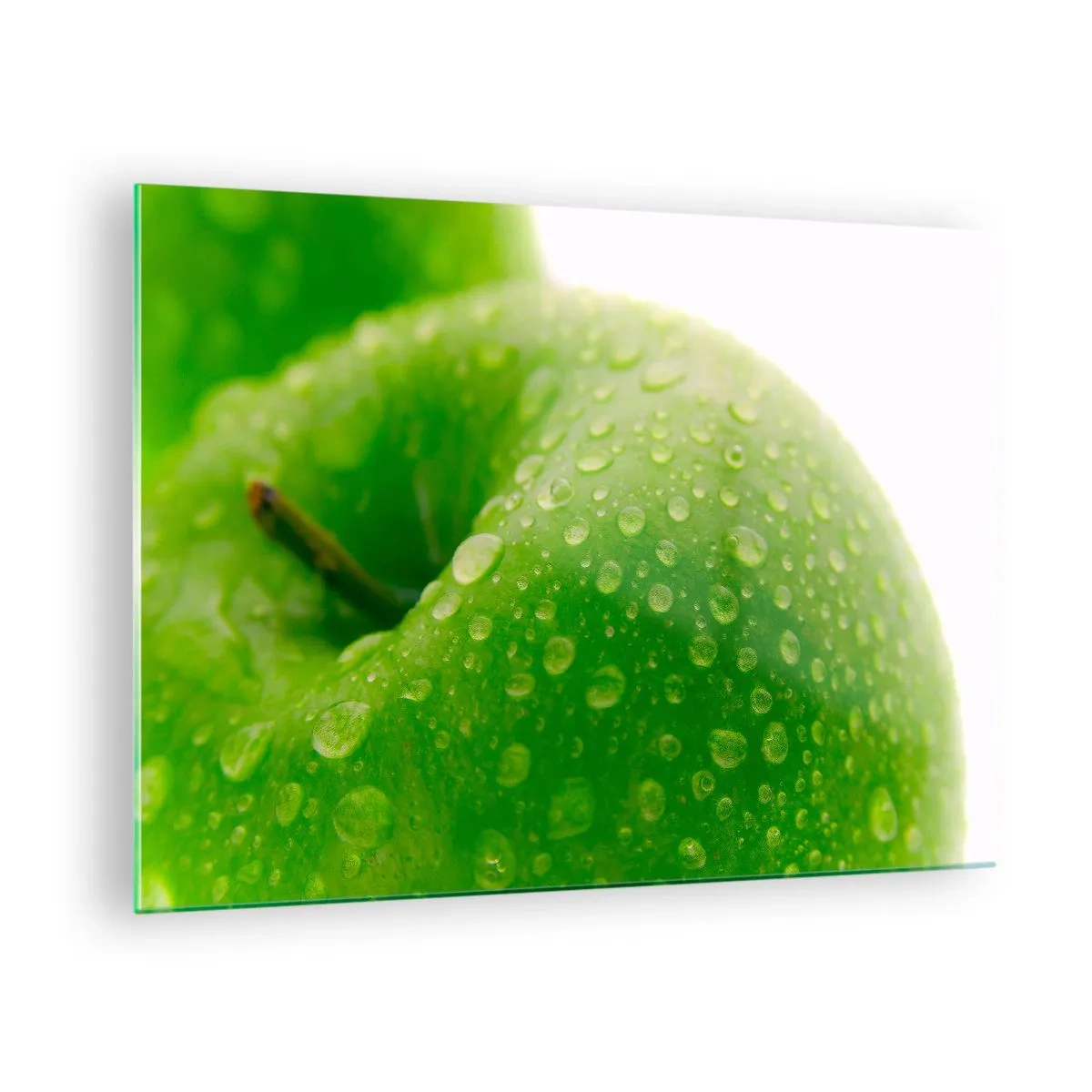 Quadro su vetro - Una mela verde ricoperta di gocce d'acqua - 70x50cm - Rinfrescante verde freschezza - Decorazione murale moderna per soggiorno e camera da letto ARTTOR