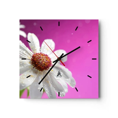 Orologio da parete - Orologio in Vetro - Una margherita bianca ricoperta di gocce d'acqua su uno sfondo rosa - 30x30cm - Modesto nella sua bellezza - Decorazione murale moderna per soggiorno e camera da letto ARTTOR