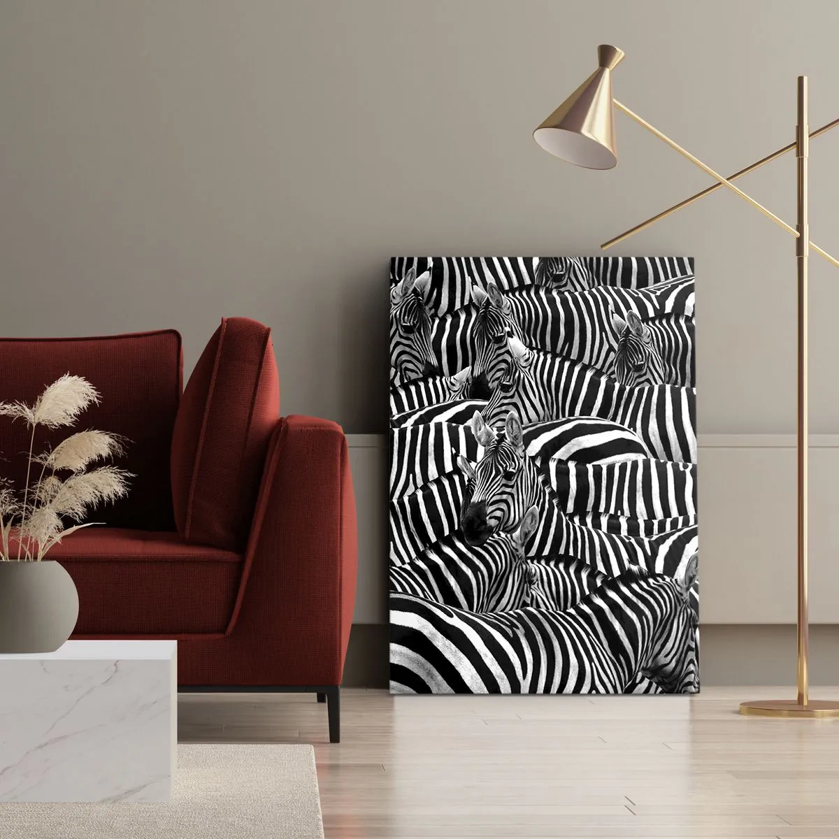 Quadro su tela - Stampe su Tela - Un gruppo di zebre con strisce bianche e nere che creano un motivo di simmetria. - 50x70cm - Ritratto collettivo a strisce - Decorazione murale moderna per soggiorno e camera da letto ARTTOR
