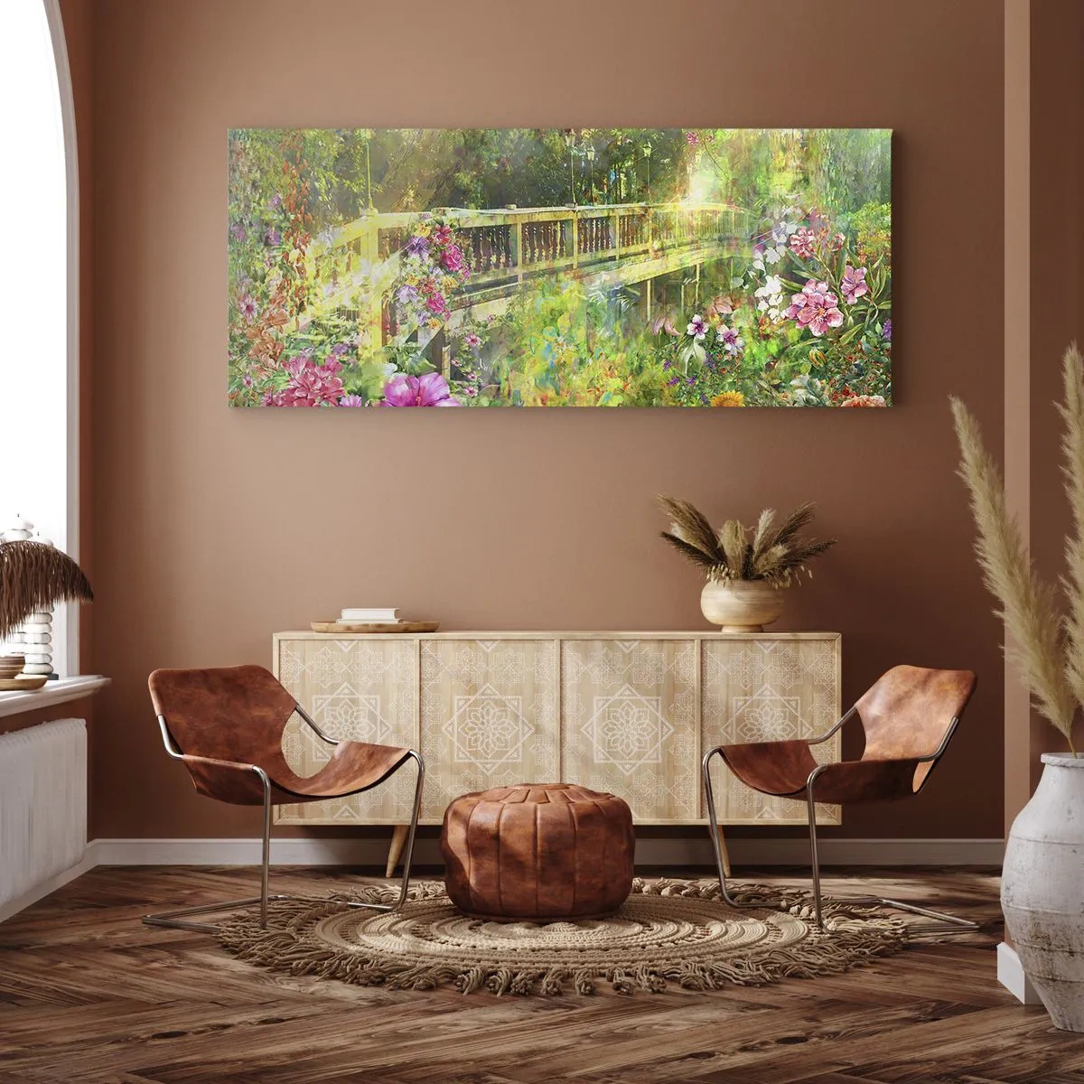 Quadro su tela - Stampe su Tela - Un ponte circondato da una vegetazione lussureggiante e fiori - 120x50cm - Il ponte dei sospiri primaverili - Decorazione murale moderna per soggiorno e camera da letto ARTTOR
